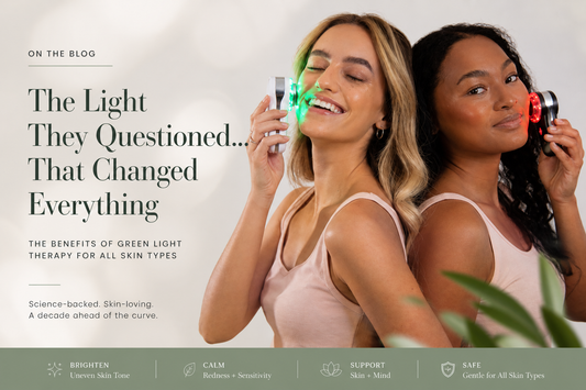 Luxury skincare banner featuring two women using LED facial devices with soft green light, promoting green light therapy for brighter, calmer, more even skin.